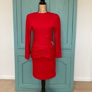 Carolyne Roehm Vintage Dress with Rhinestone Pin at Waist. Size 8. Red